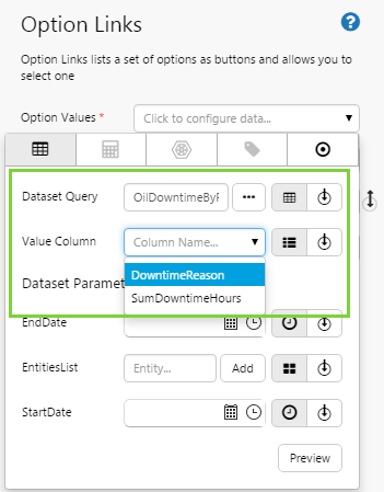 Option Links showing downtime reasons