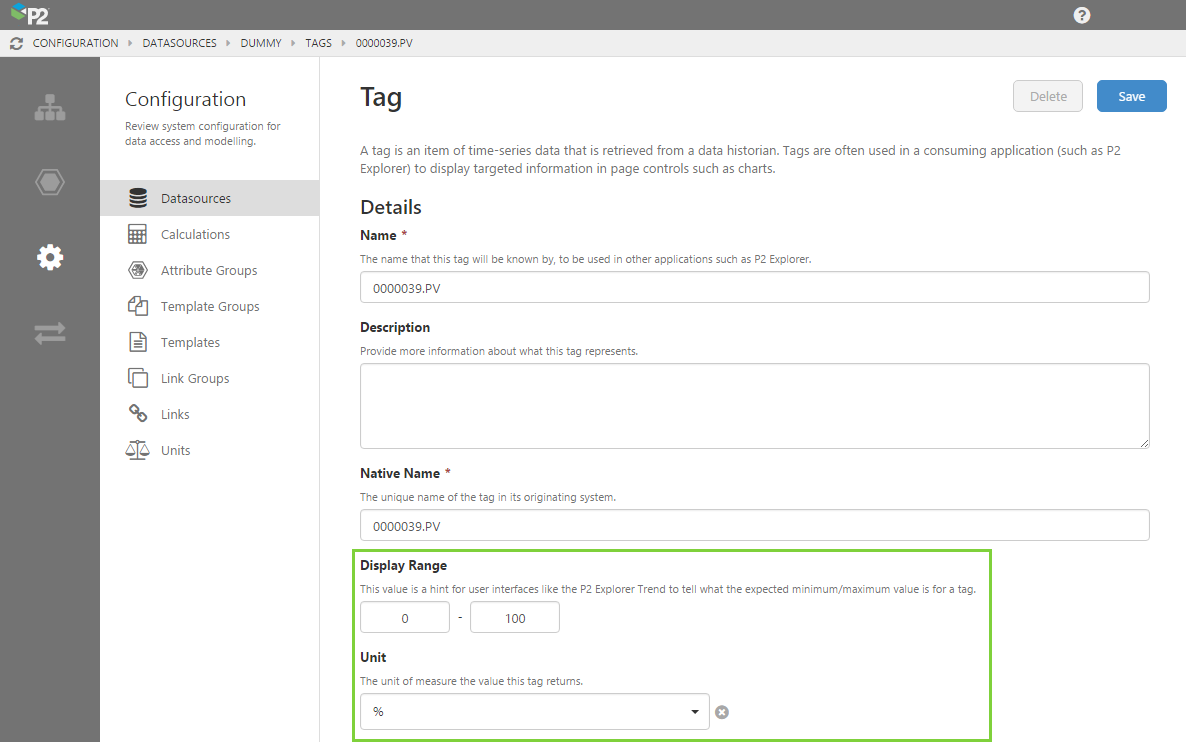 Configurable units and display ranges for tags