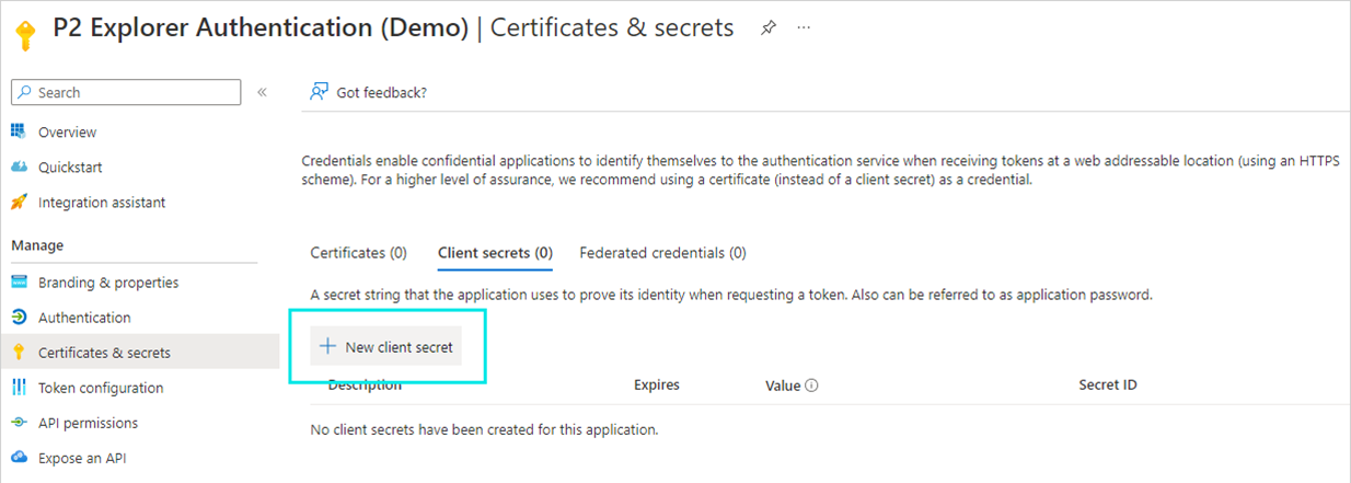 Screenshot of Certificates & Secrets in Azure