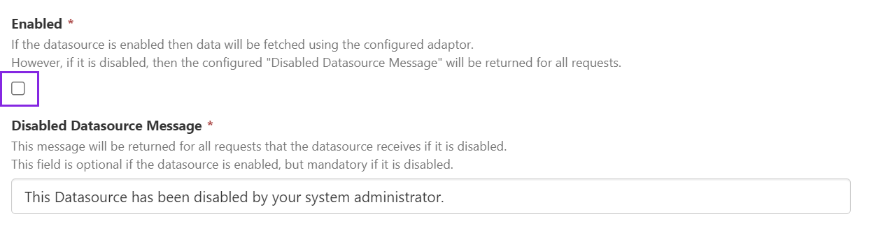 Screenshot showing disabled datasource message