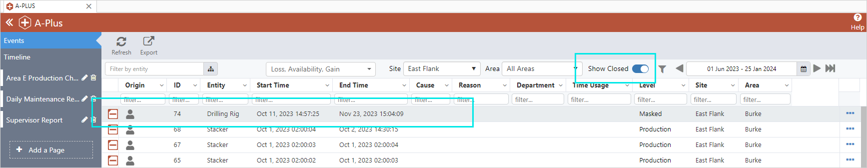 Screenshot showing a losed event in A-Plus