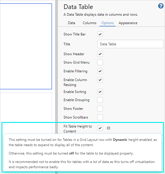 Screenshot of Data Table configuration options