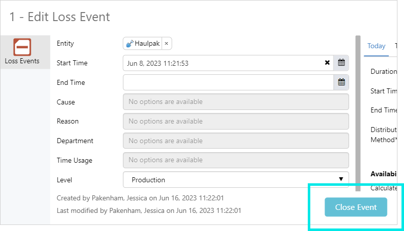 Screenshot of an entry form with Close Event button highlighted