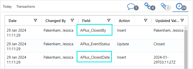 Screenshot of audit history of an entry form