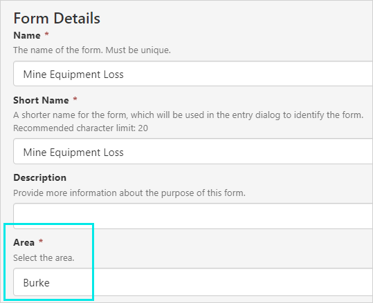 Screenshot of form details in Server Management, with Area highlighted