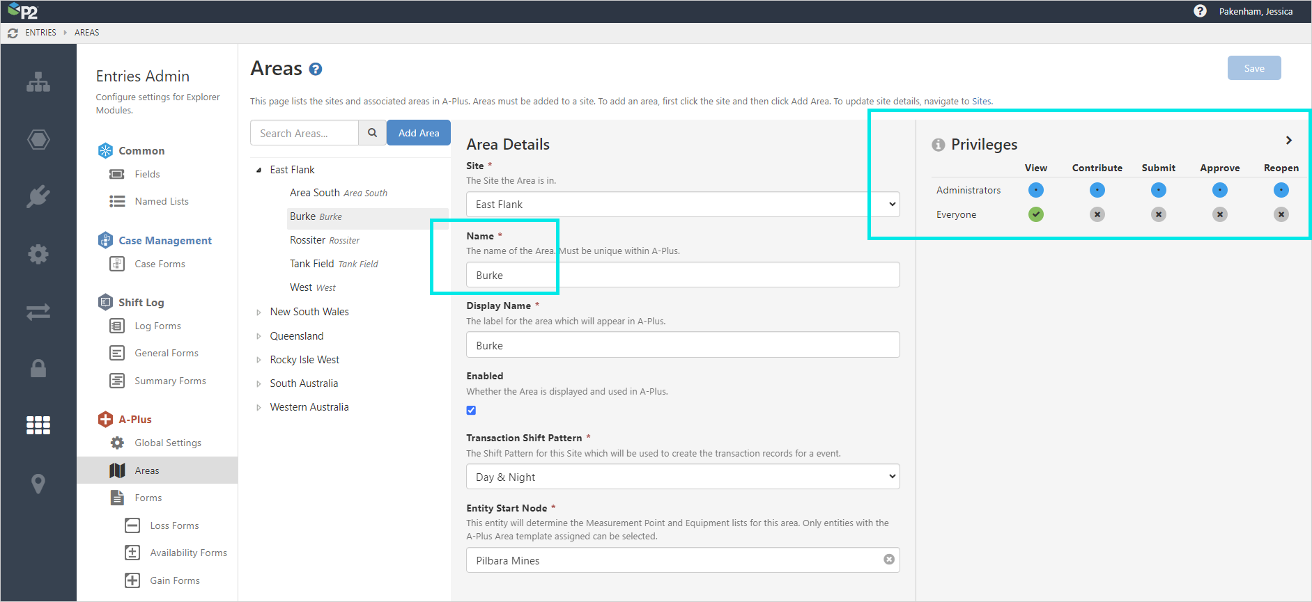 Screenshot of A-Plus Area configuration in Server Management