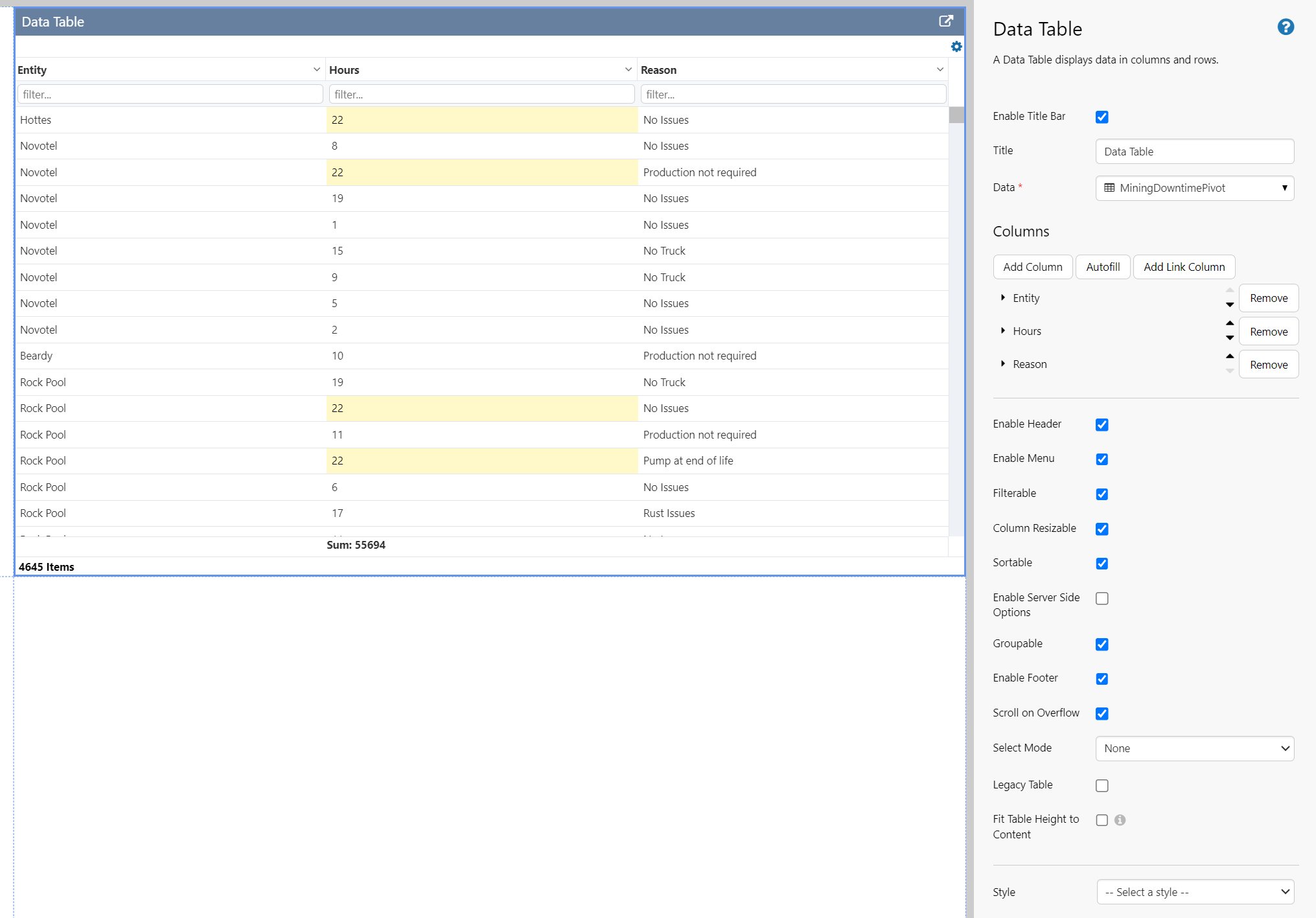 screenshot of a data table being configured