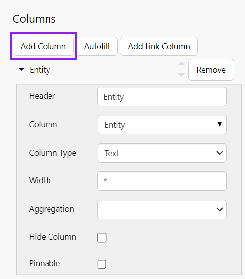 Screenshot with the Add Column button highlighted