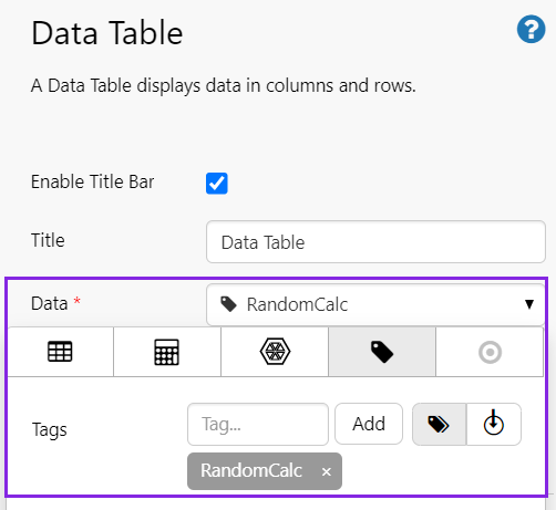 Screenshot showing the RandomCalc tag being used for data table data