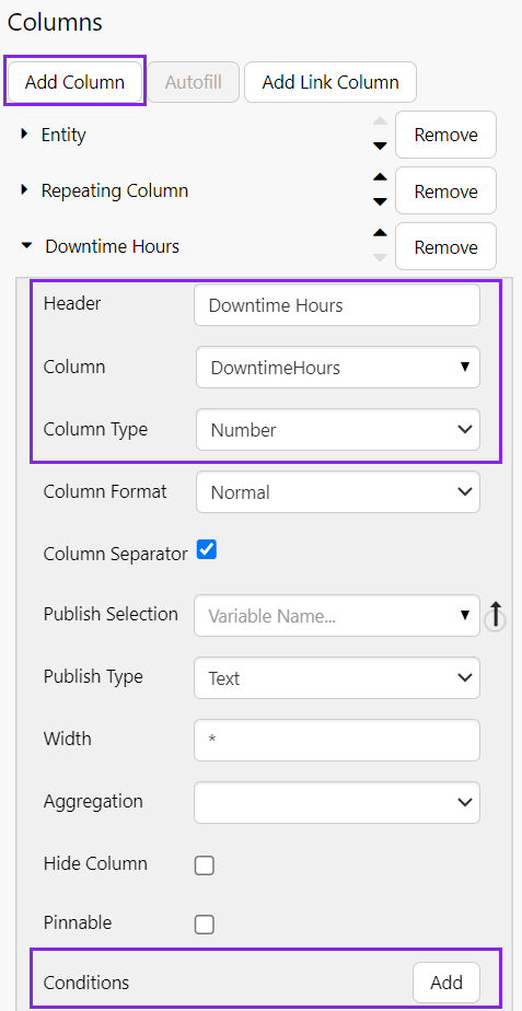 Screenshot showing Downtime Hours column being configured