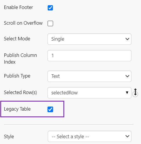 Screenshot of data table configuration showing legacy table option selected