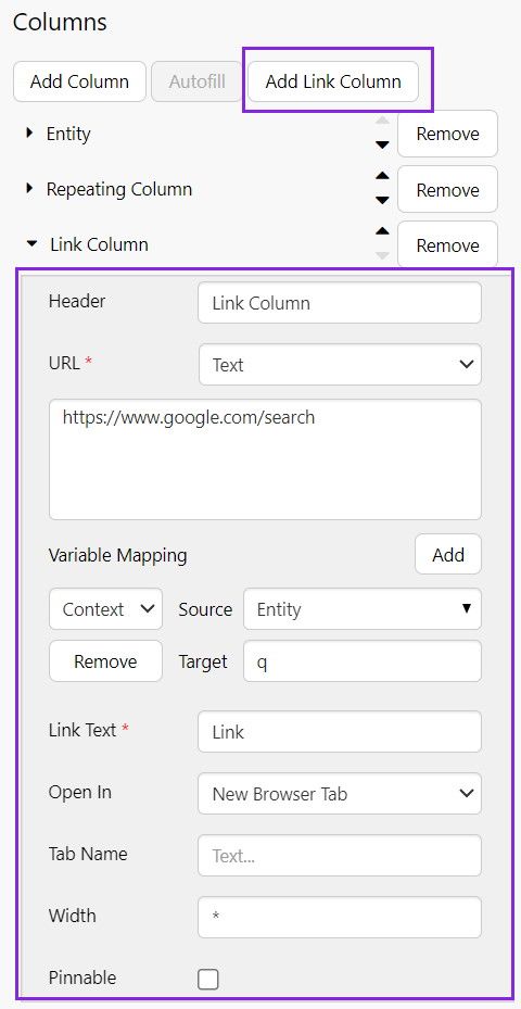 Screenshot showing configuration of a new link column