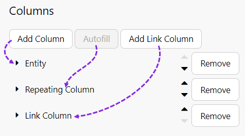 Screenshot showing he different types of columns in a data table