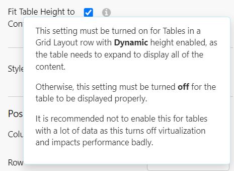 Screenshot showing the data table option Fit Table Height to Content
