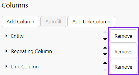 Screenshot showing a data table with removable columns