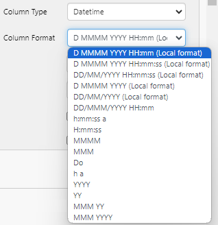 Screenshot showing datetime formats for datetime columns in data table