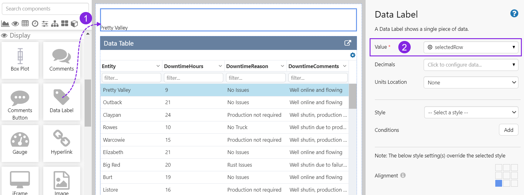 Screenshot showing the data label being configured to use the selectedRow variable