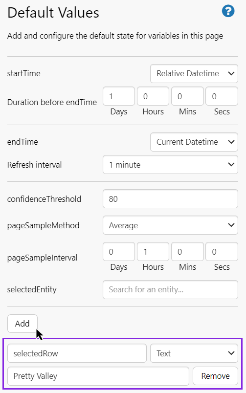 Screenshot showing a variable being added for selectedRow with a default value of Pretty Valley