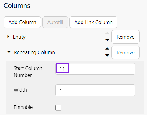 Screenshot showing a repeating column setup to start at column number 11