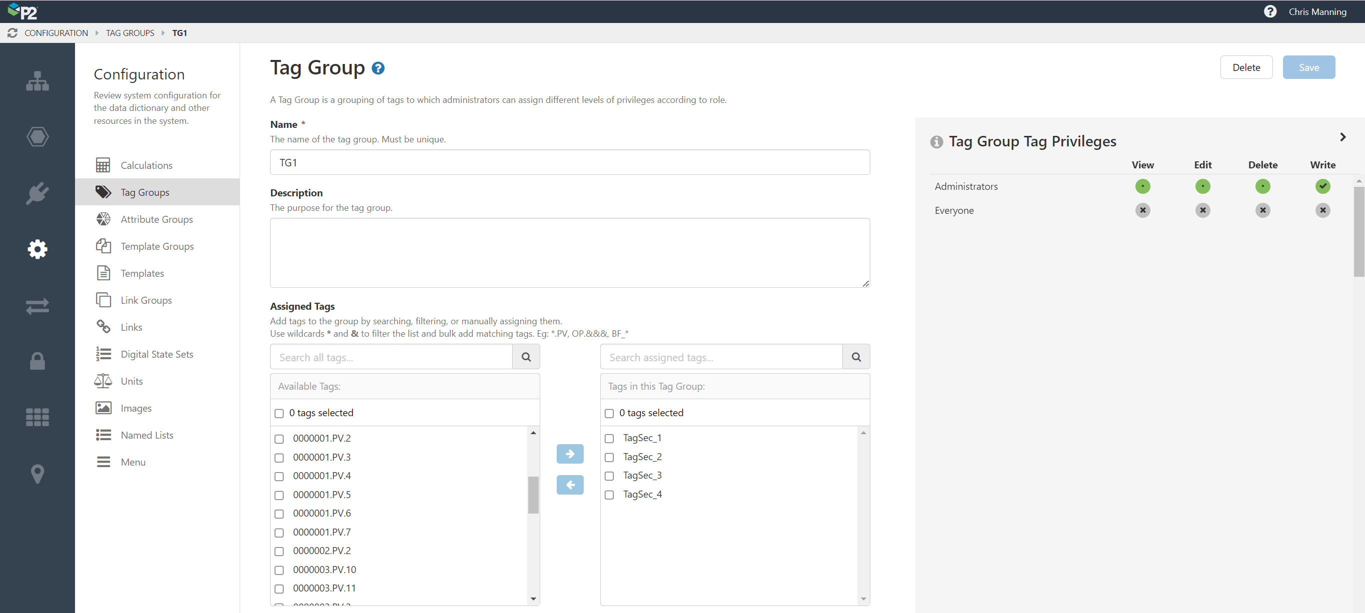 Screenshot showing privileges for a tag group in Server Management