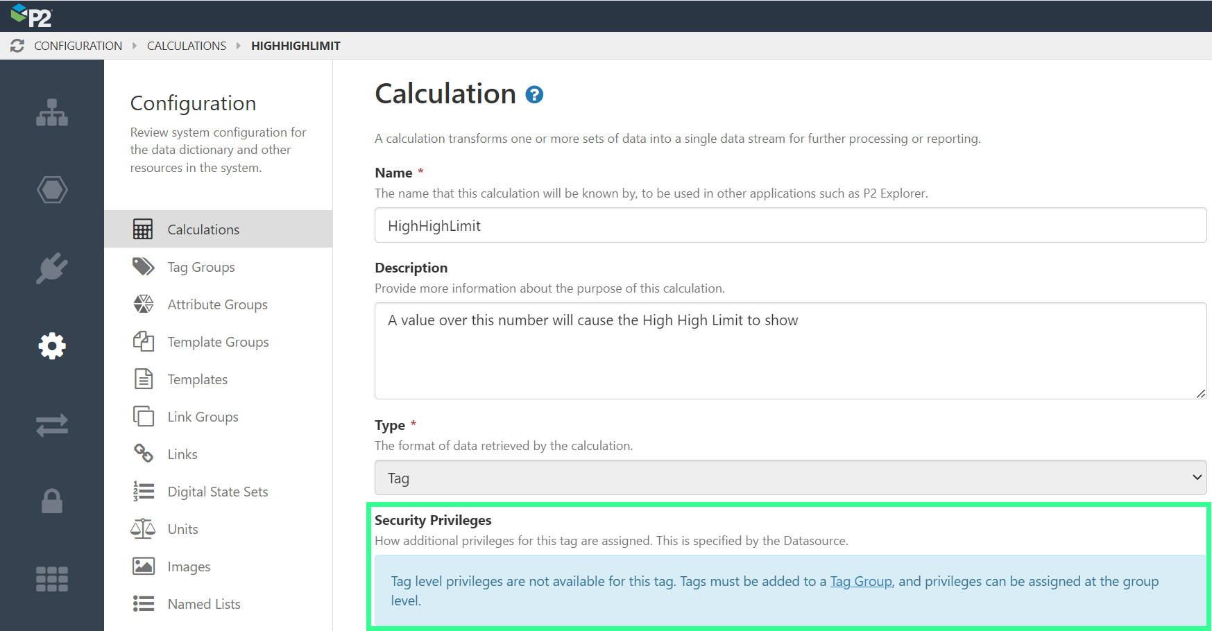 Screenshot showing security privileges for a calculation tag