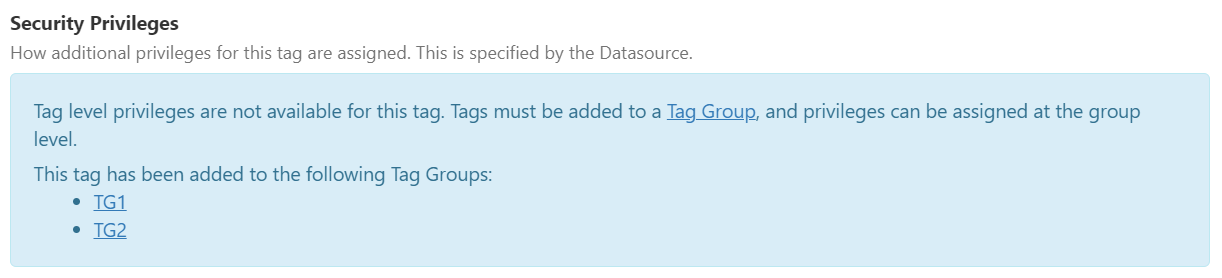 Screenshot showing a message for tag security privileges