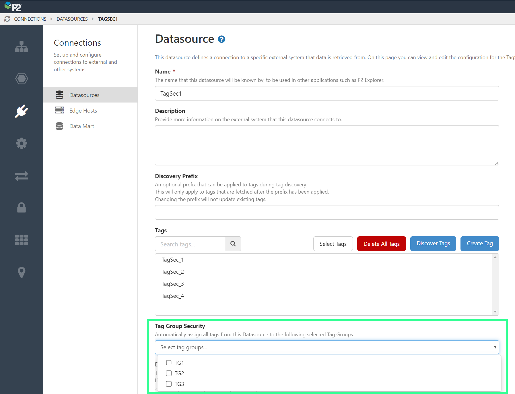 Screenshot showing tag group security on a Datasource page