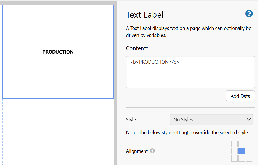 Screenshot of HTML markup in Text Label