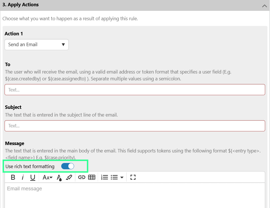 Rich text formatting option in Email action