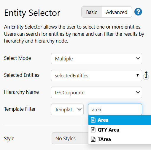Screenshot of Template filter in Entity Selector