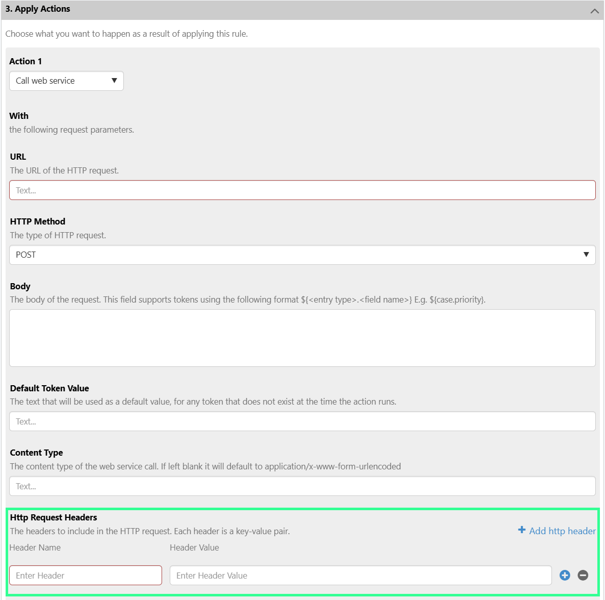 Rules Web Service Action Header Values