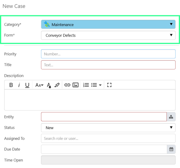 Screenshot of New Case opened from hyperlink