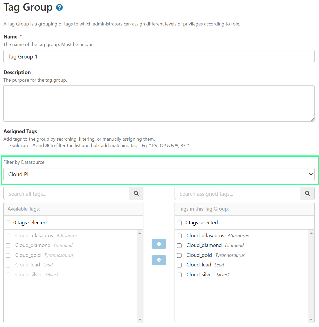 Screenshot of filtering tag group by datasource