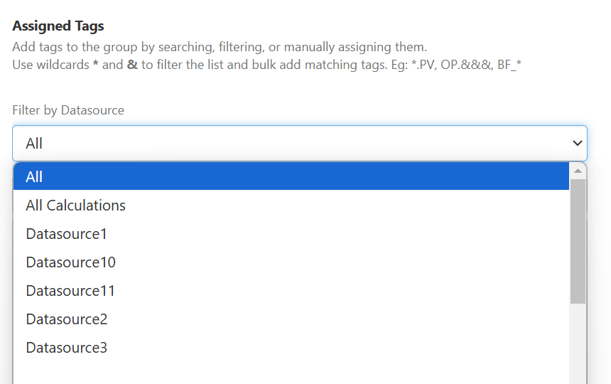 Screenshot of Assigned tag filter by datasource