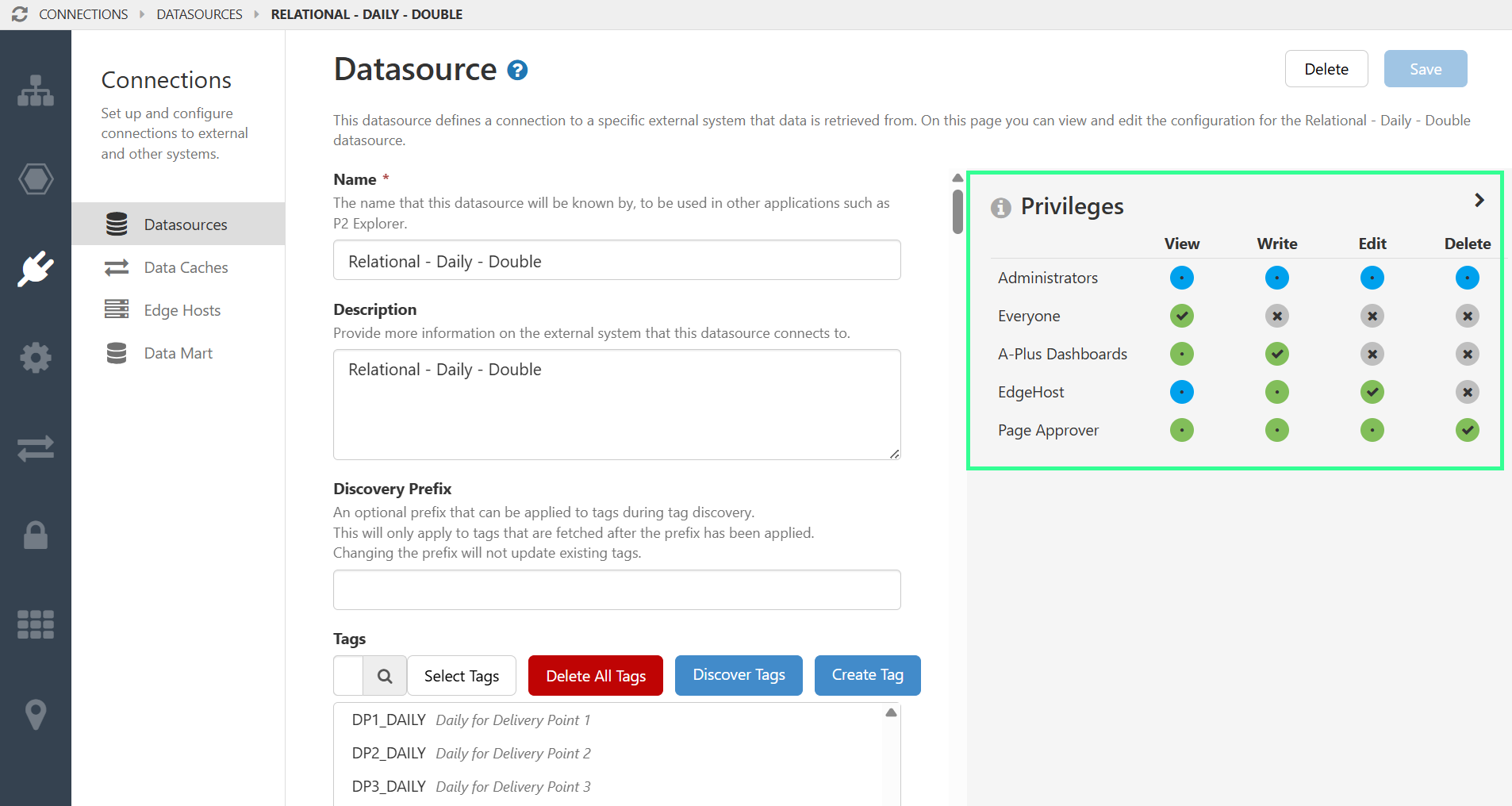 Screenshot showing privileges for a tag datasource