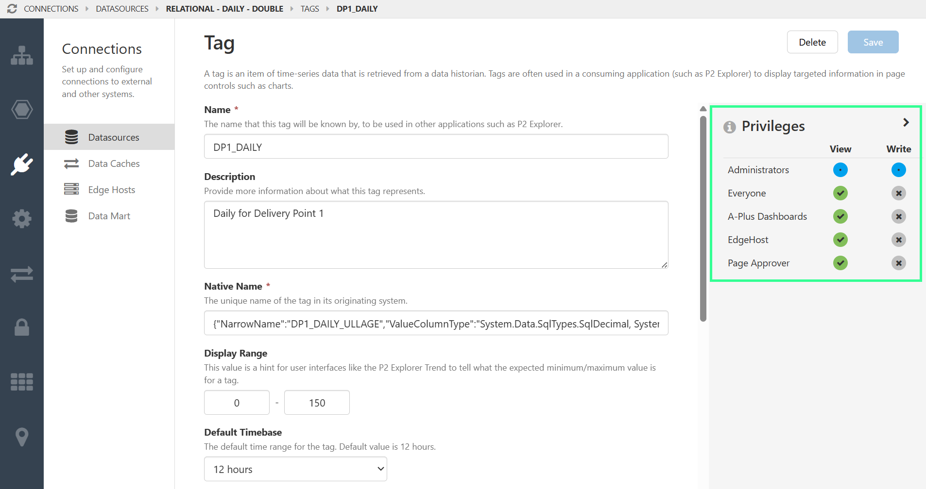 Screenshot showing privileges for a tag