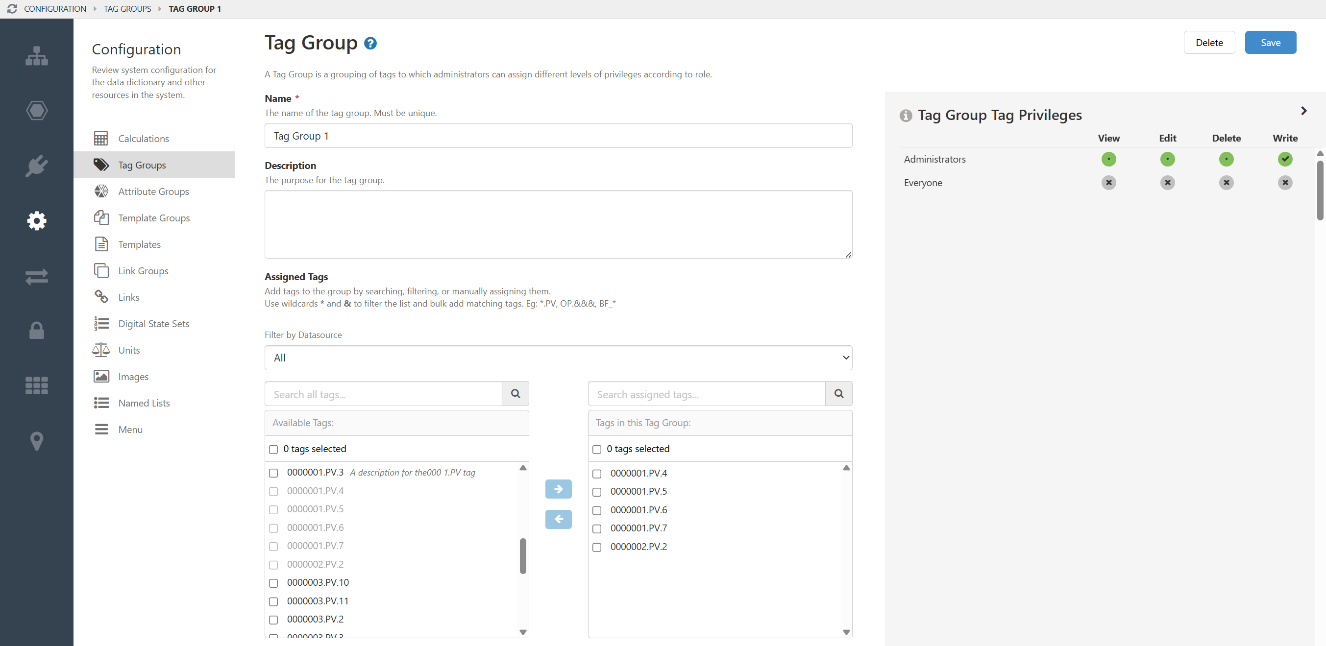 Screenshot showing the configuration of a tag group